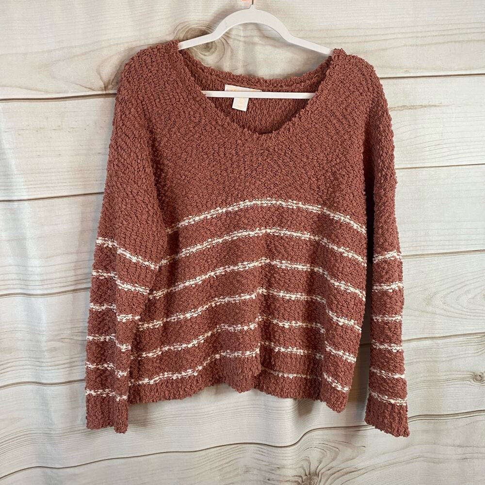 C&C California Brown & White Striped Fuzzy Sweater Size Medium